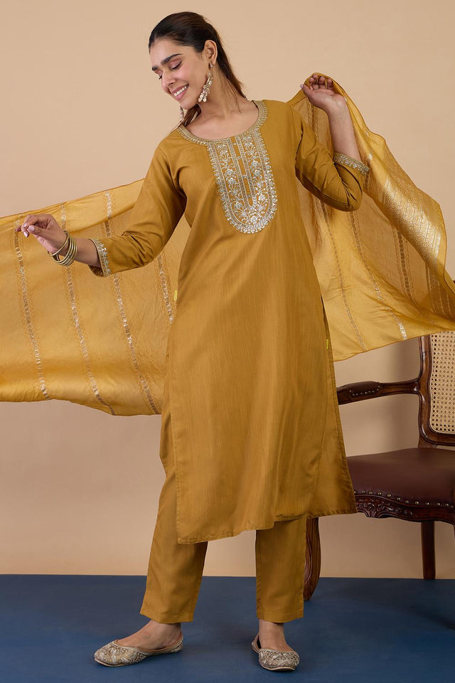 Mustard Embroidered Cotton Blend Straight Cut Suits (ACA7192)