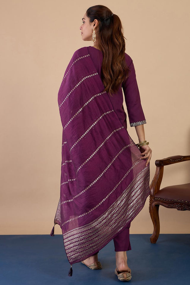 Violet Floral Embroidered Cotton Blend Straight Cut Suits (ACA7193)