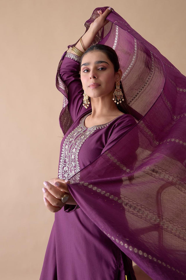 Violet Floral Embroidered Cotton Blend Straight Cut Suits (ACA7193)