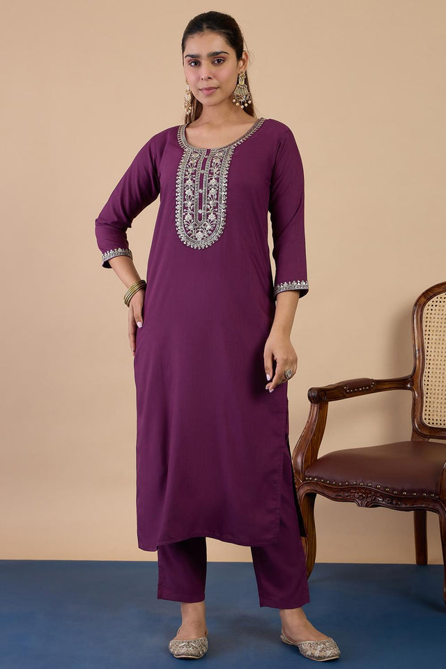 Violet Floral Embroidered Cotton Blend Straight Cut Suits (ACA7193)