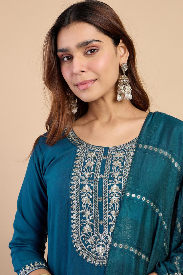 Turquoise Floral Embroidered Cotton Blend Straight Cut Suits (ACA7194)