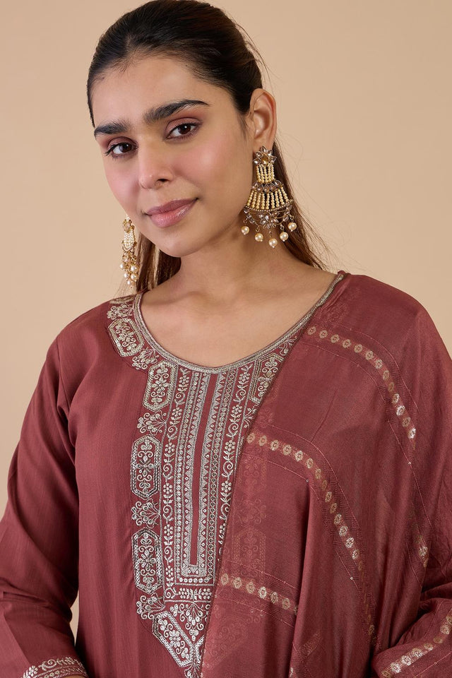 Brown Embroidered Cotton Blend Straight Cut Suits (ACA7195)