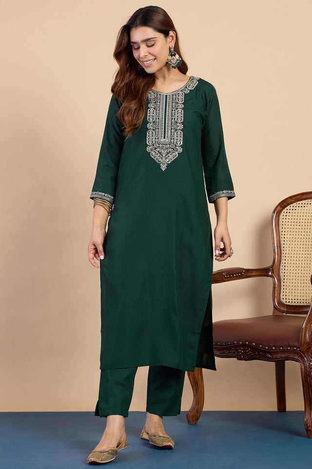 Green Embroidered Cotton Blend Straight Cut Suits (ACA7196)