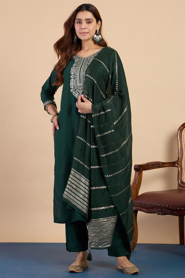 Green Embroidered Cotton Blend Straight Cut Suits (ACA7196)
