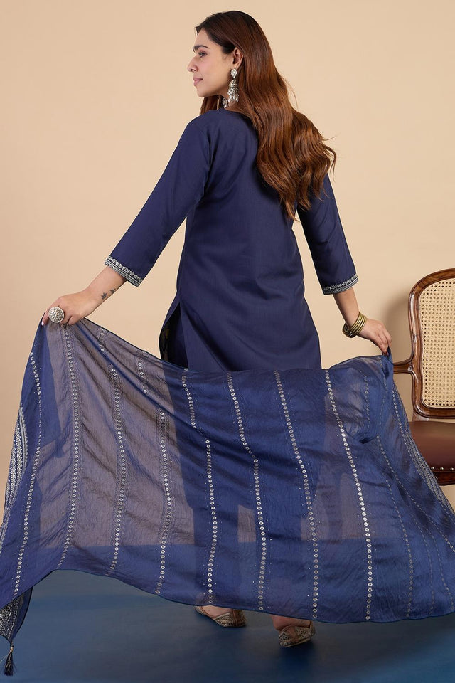 Navy Blue Embroidered Cotton Blend Straight Cut Suits (ACA7197)