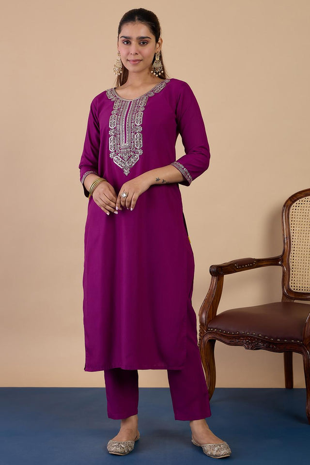 Violet Embroidered Cotton Blend Straight Cut Suits (ACA7198)