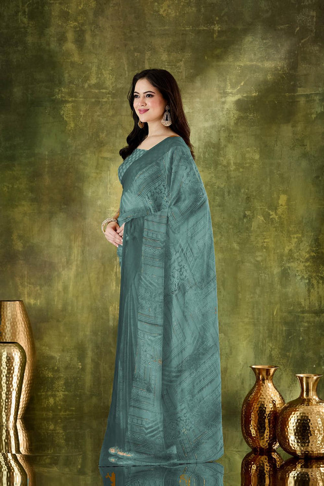 Turquoise Printed Chiffon Ready to Wear Saree (ACA7201)