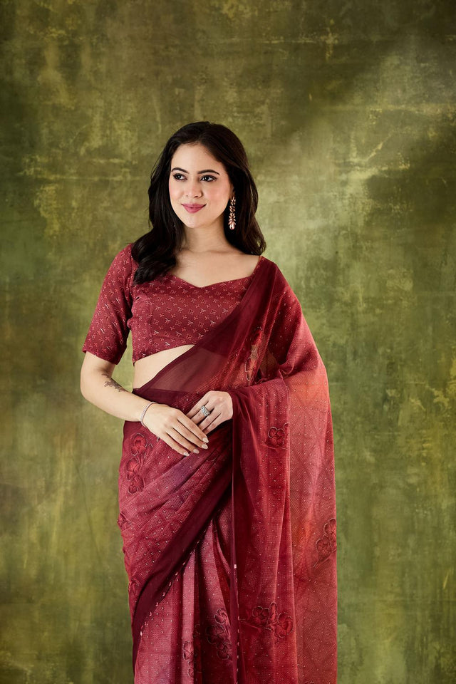 Maroon Floral Printed Chiffon Ready to Wear Saree (ACA7202)