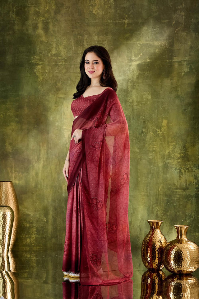Maroon Floral Printed Chiffon Ready to Wear Saree (ACA7202)