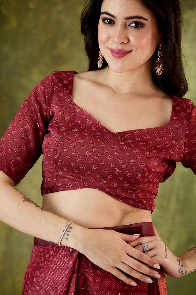 Maroon Floral Printed Chiffon Ready to Wear Saree (ACA7202)