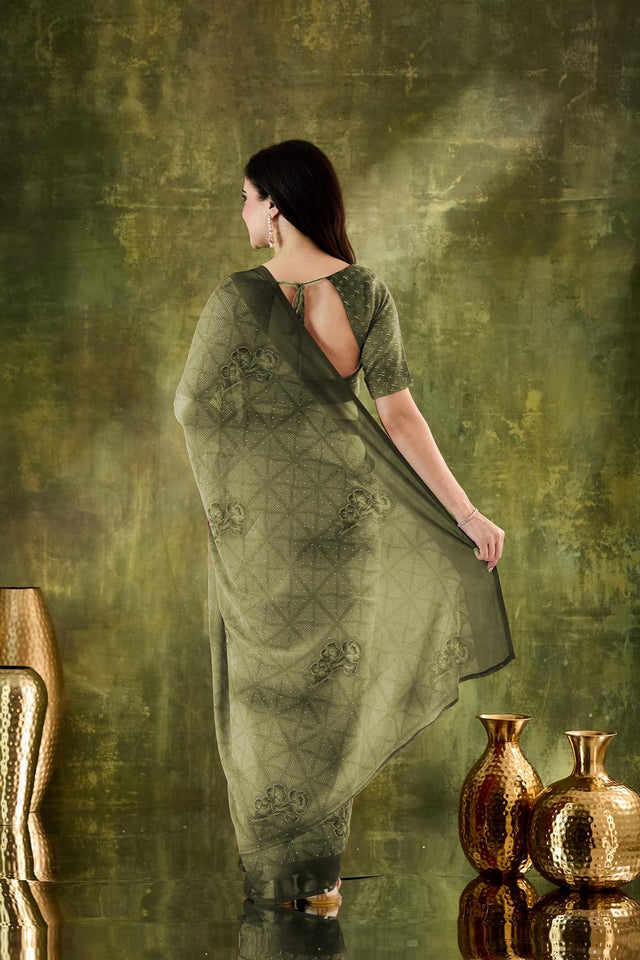 Mehendi Floral Printed Chiffon Ready to Wear Saree (ACA7203)