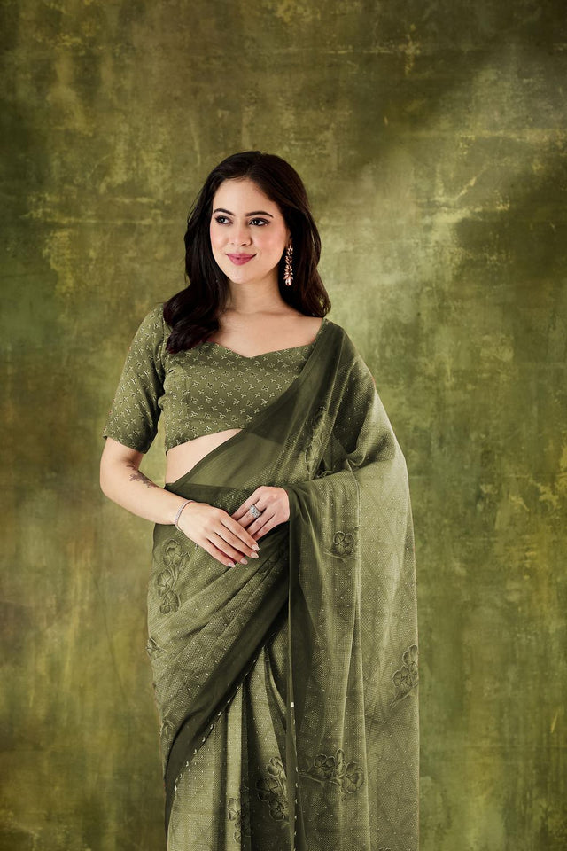 Mehendi Floral Printed Chiffon Ready to Wear Saree (ACA7203)