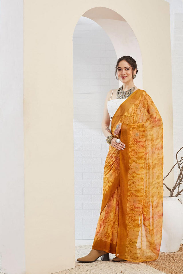 Yellow Floral Printed Chiffon Ready to Wear Saree (ACA7208)