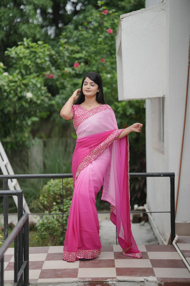 Pink Solid with Mirror Work Border Georgette Saree (ACA7209)