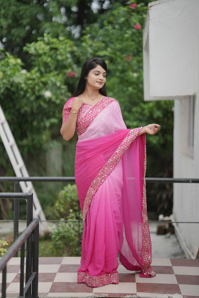 Pink Solid with Mirror Work Border Georgette Saree (ACA7209)