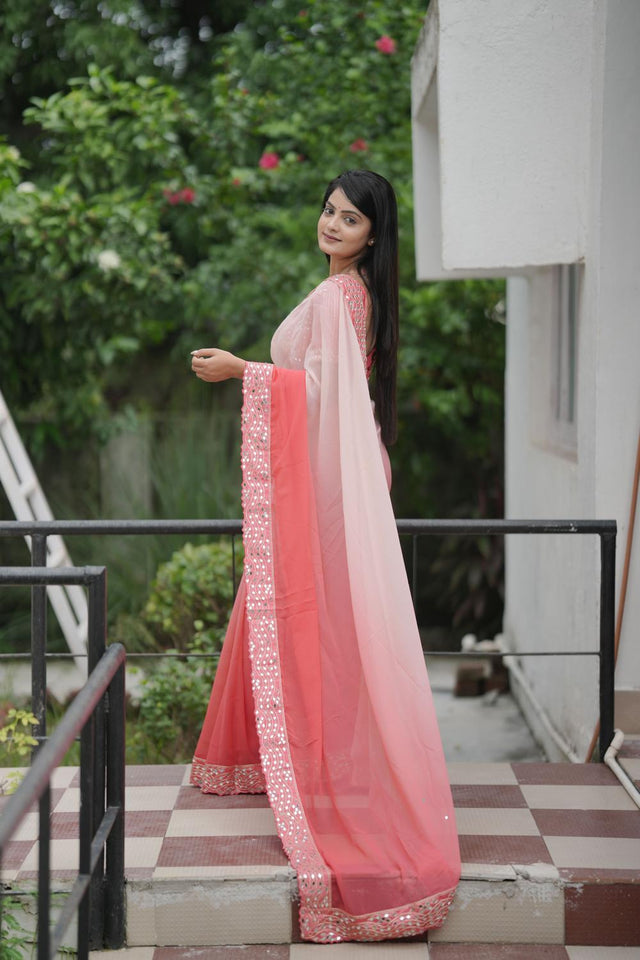 Peach Solid with Mirror Work Border Georgette Saree (ACA7210)