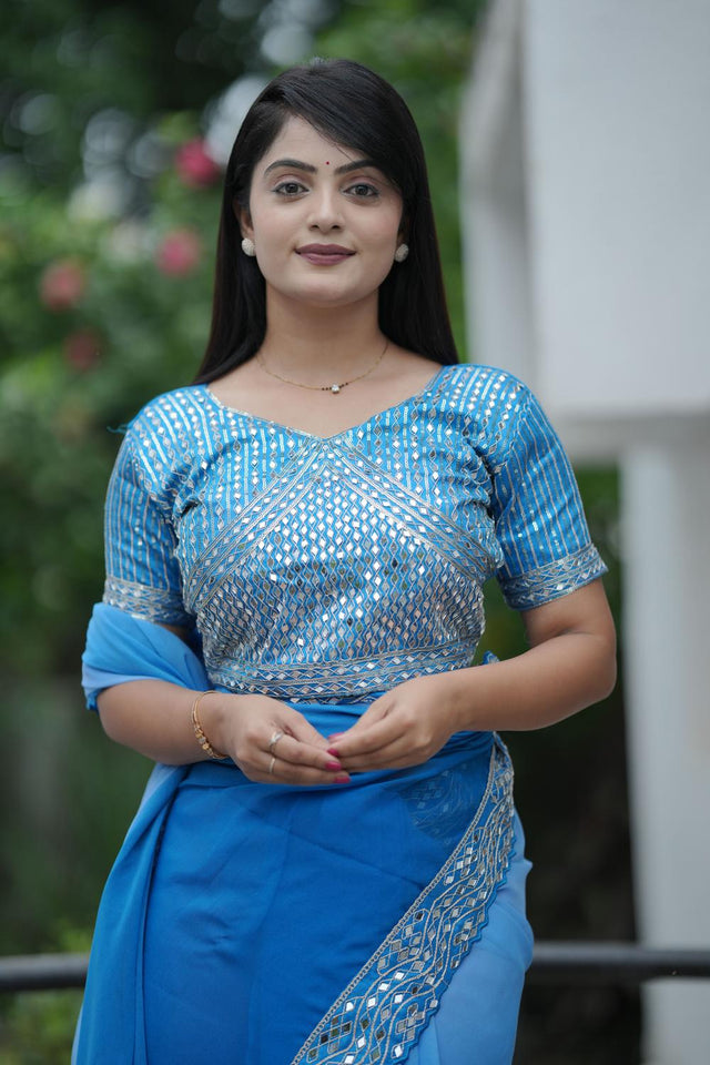 Blue Solid with Mirror Work Border Georgette Saree (ACA7211)