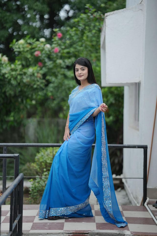 Blue Solid with Mirror Work Border Georgette Saree (ACA7211)