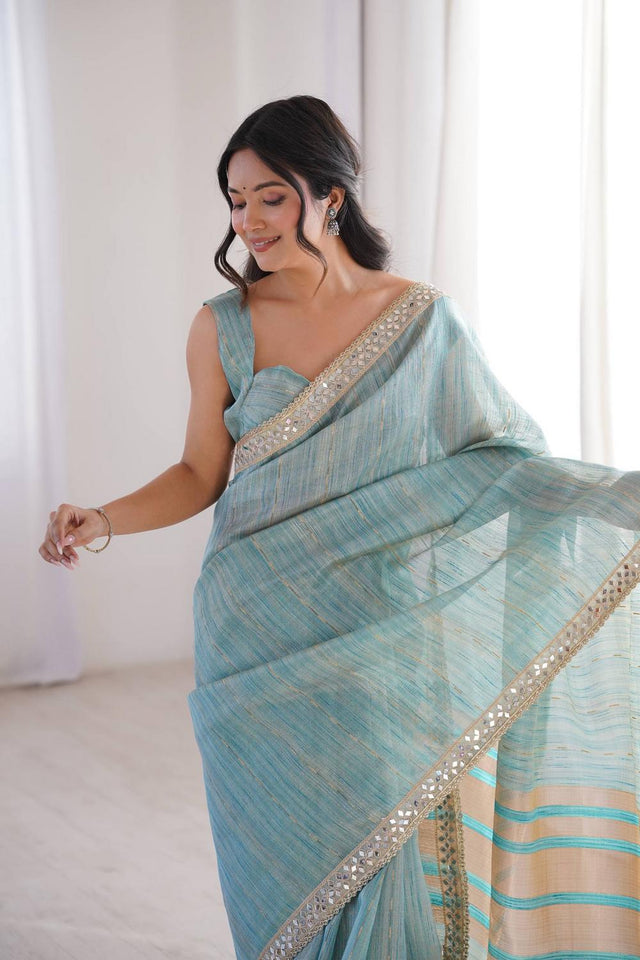 Blue Woven with Mirror Work Border Cotton Saree (ACA7215)