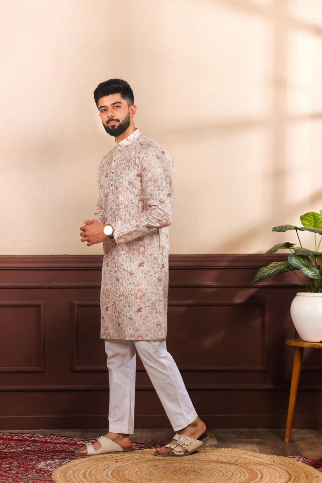 Mens Beige Floral Printed Cotton Kurta Set (ACA7222)