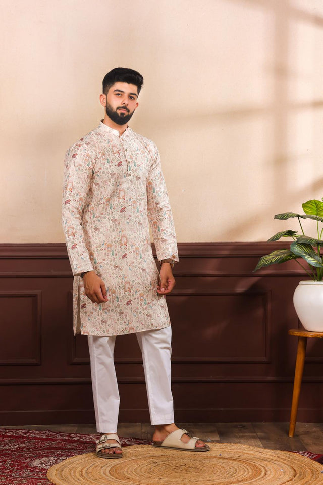 Mens Beige Floral Printed Cotton Kurta Set (ACA7222)