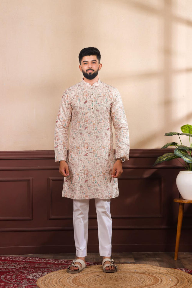 Mens Beige Floral Printed Cotton Kurta Set (ACA7222)