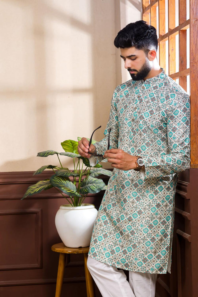 Mens Blue Floral Printed Cotton Kurta Set (ACA7223)