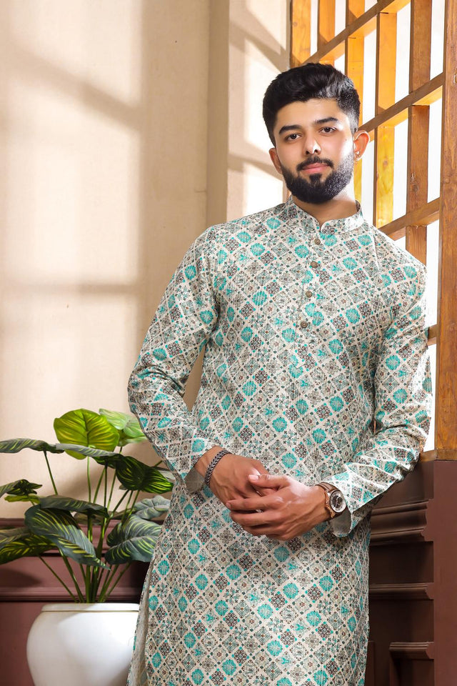 Mens Blue Floral Printed Cotton Kurta Set (ACA7223)