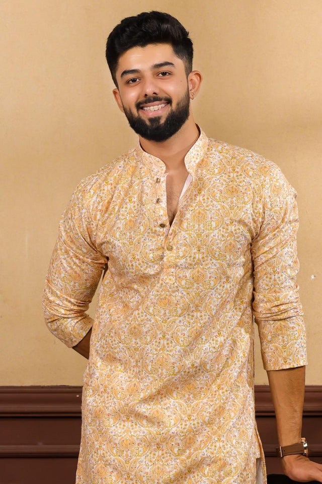 Mens Gold Printed Cotton Kurta Set (ACA7224)