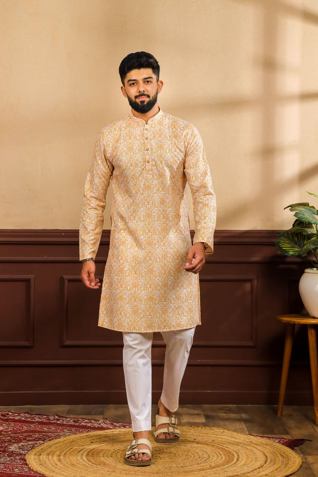 Mens Gold Printed Cotton Kurta Set (ACA7224)