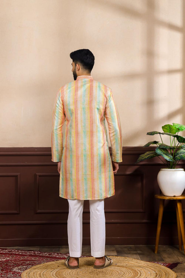 Mens Multi Color Printed Art Silk Kurta Set (ACA7225)