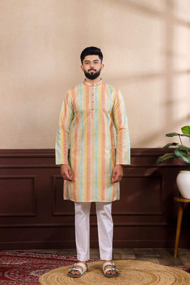 Mens Multi Color Printed Art Silk Kurta Set (ACA7225)