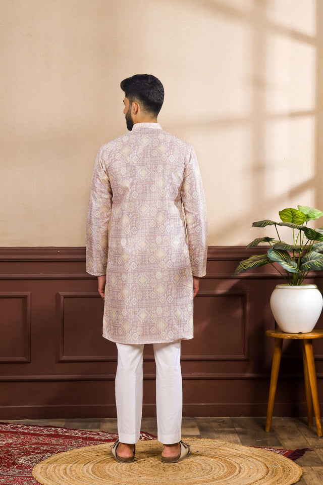 Mens Lavender Printed Art Silk Kurta Set (ACA7226)