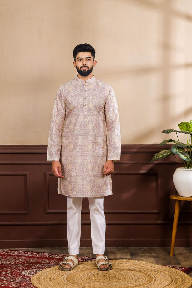 Mens Lavender Printed Art Silk Kurta Set (ACA7226)