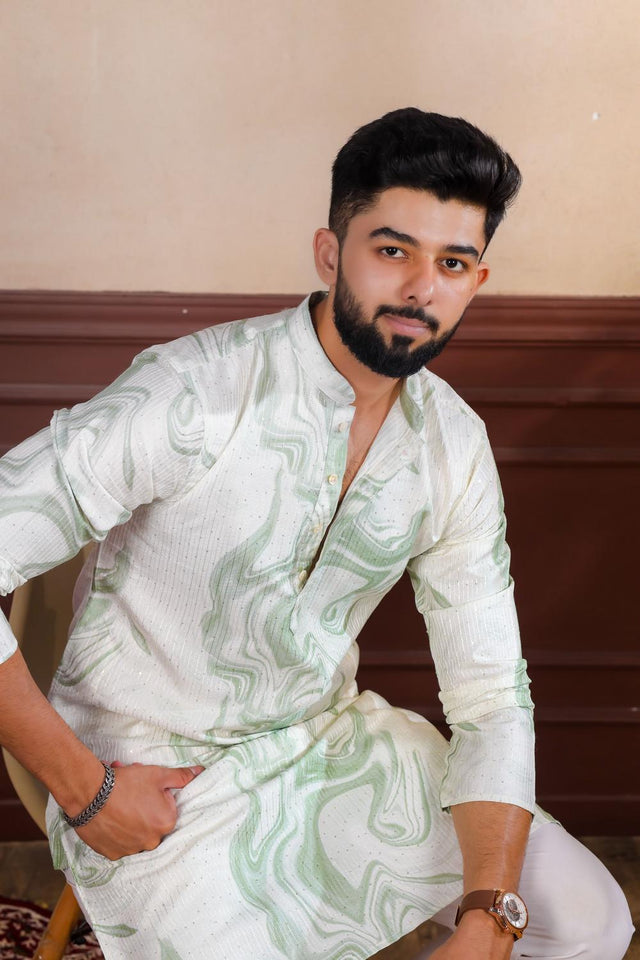 Mens Green Printed Art Silk Kurta Set (ACA7227)