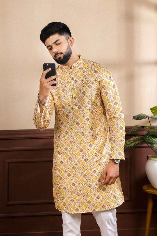 Mens Mustard Printed Art Silk Kurta Set (ACA7228)
