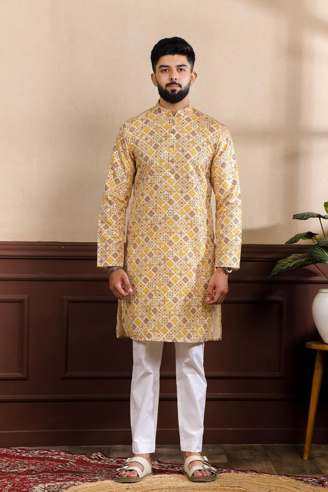 Mens Mustard Printed Art Silk Kurta Set (ACA7228)