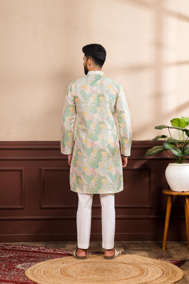Mens Multi Color Printed Art Silk Kurta Set (ACA7229)