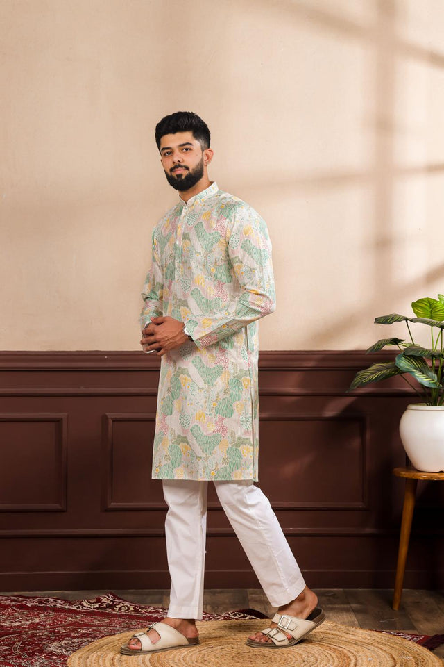 Mens Multi Color Printed Art Silk Kurta Set (ACA7229)
