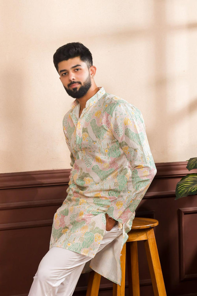 Mens Multi Color Printed Art Silk Kurta Set (ACA7229)