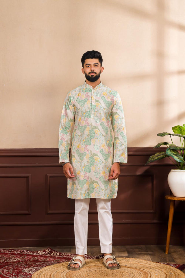 Mens Multi Color Printed Art Silk Kurta Set (ACA7229)