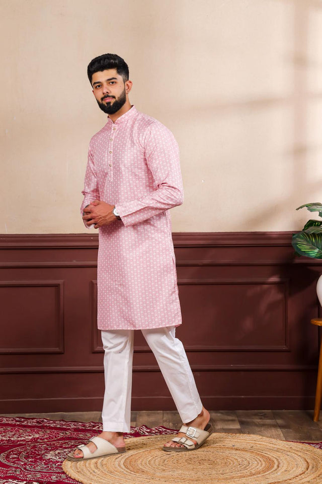 Mens Pink Printed Art Silk Kurta Set (ACA7230)
