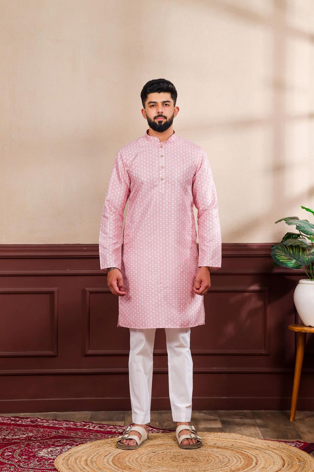 Mens Pink Printed Art Silk Kurta Set (ACA7230)