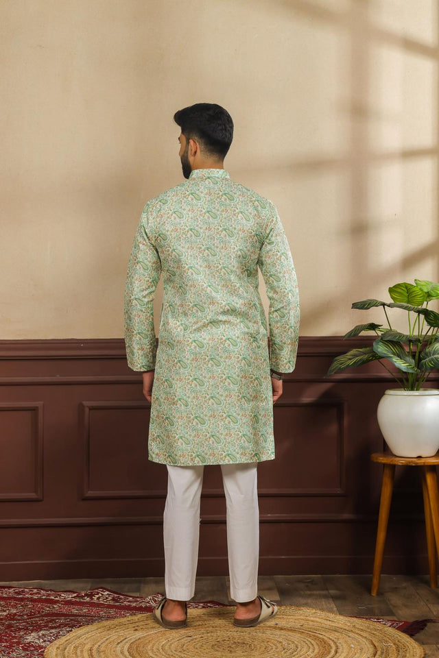 Mens Green Printed Art Silk Kurta Set (ACA7231)