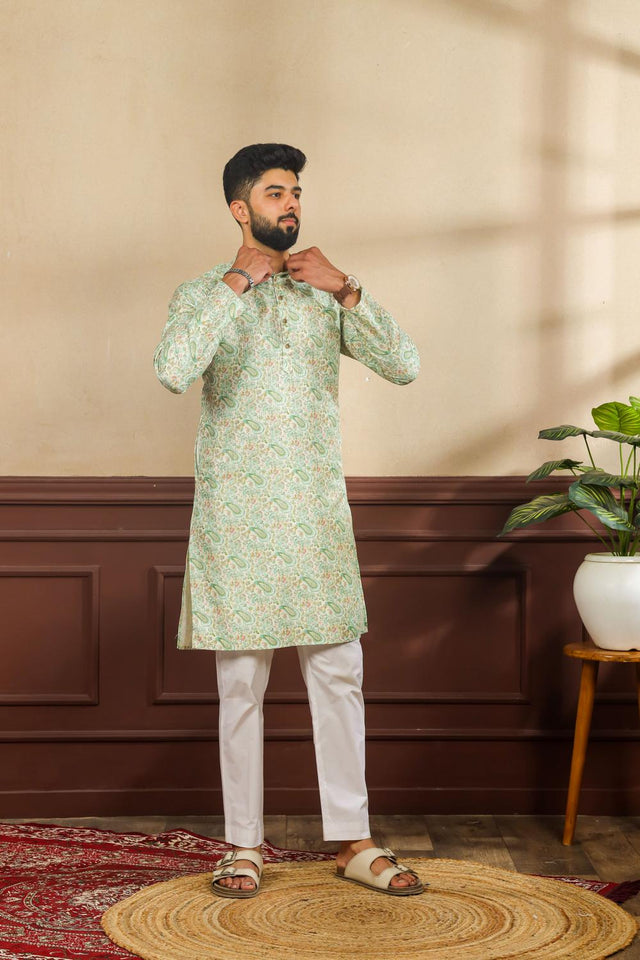 Mens Green Printed Art Silk Kurta Set (ACA7231)