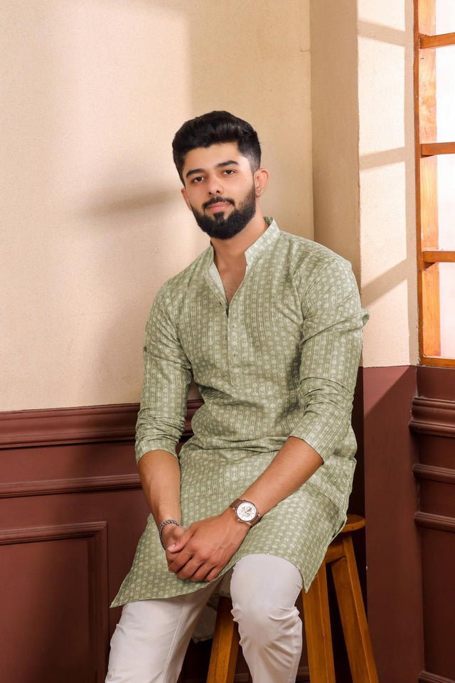 Mens Green Printed Art Silk Kurta Set (ACA7232)