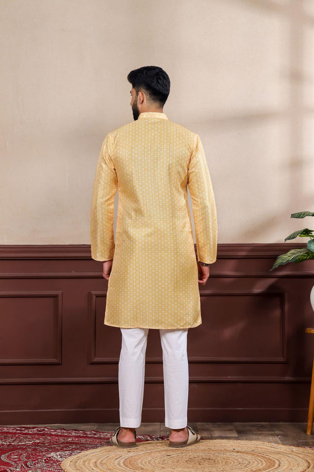 Mens Yellow Printed Art Silk Kurta Set (ACA7234)