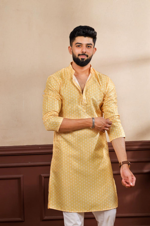 Mens Yellow Printed Art Silk Kurta Set (ACA7234)
