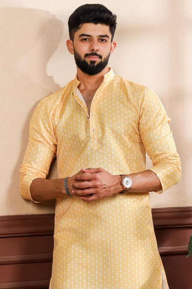 Mens Yellow Printed Art Silk Kurta Set (ACA7234)