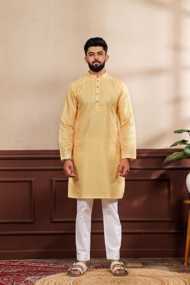 Mens Yellow Printed Art Silk Kurta Set (ACA7234)
